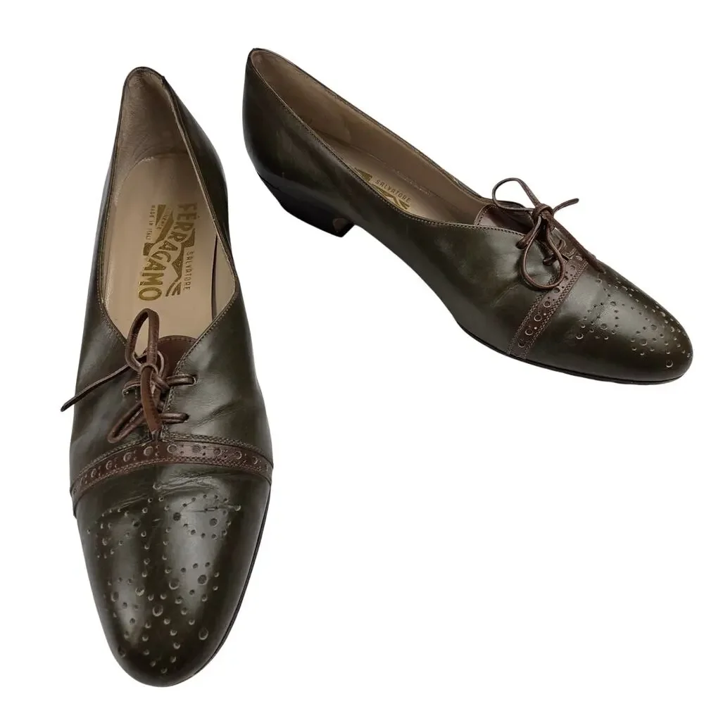 70's Salvatore Ferragamo Olive Green Leather Brogue Wingtip Lace-up Oxfords 7AA